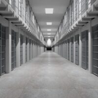 Rows of prison cells, prison interior.