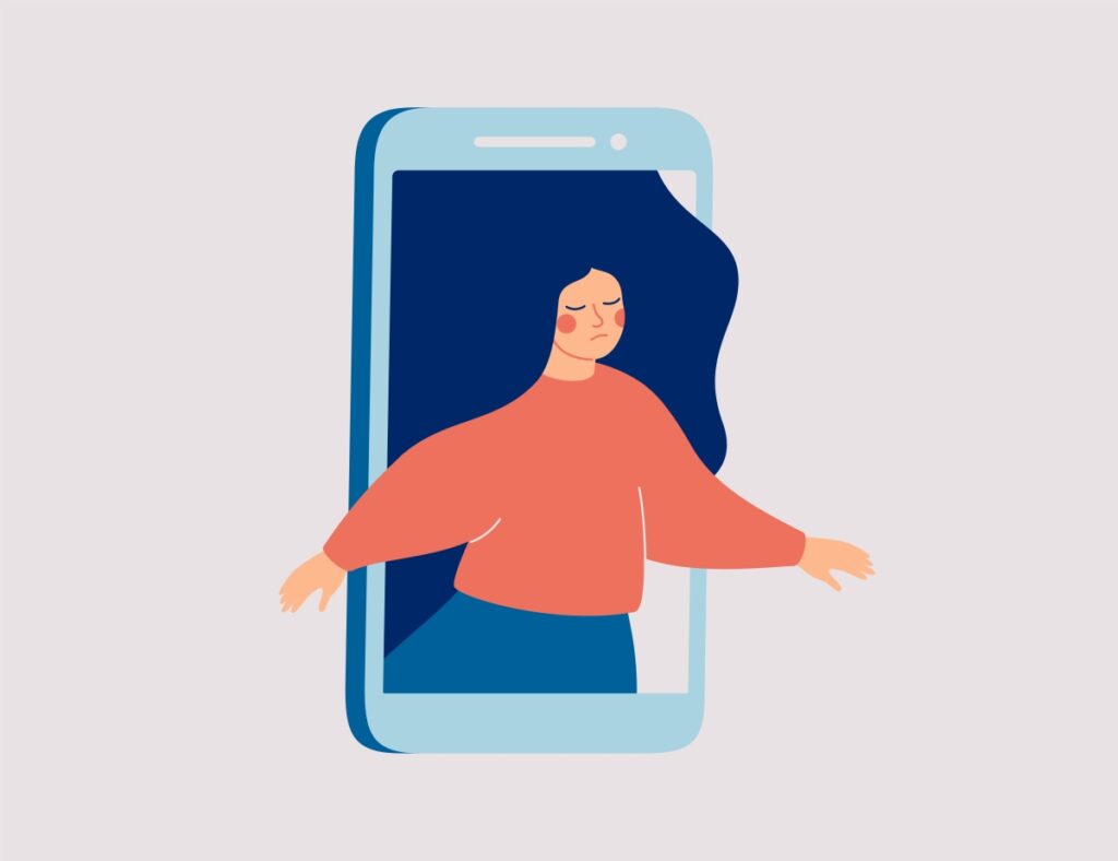 Sad female runs out of the mobile phone. Girl feels vulnerable and lonely on social online spaces. Social media influence on mental health and wellness. Vector illustration