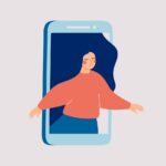 Sad female runs out of the mobile phone. Girl feels vulnerable and lonely on social online spaces. Social media influence on mental health and wellness. Vector illustration Sad female runs out of the mobile phone. Girl feels vulnerable and lonely on social online spaces. Social media influence on mental health and wellness. Vector illustration