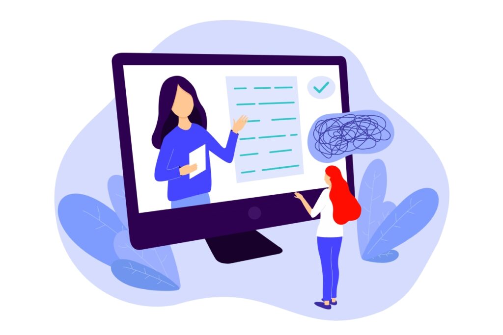 Online psychology consultation via internet concept. Remote psychological assistance flat style vector illustration.