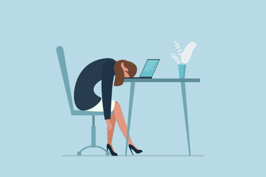Professional burnout syndrome. Exhausted sick tired female manager in office sad boring sitting with head down on laptop. Vector long work day illustration