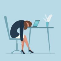 Professional burnout syndrome. Exhausted sick tired female manager in office sad boring sitting with head down on laptop. Vector long work day illustration